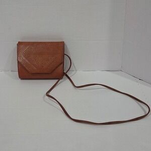 Moroccan Magic Tan Embossed Leather Crossbody Bag with Interior Mirror Vintage